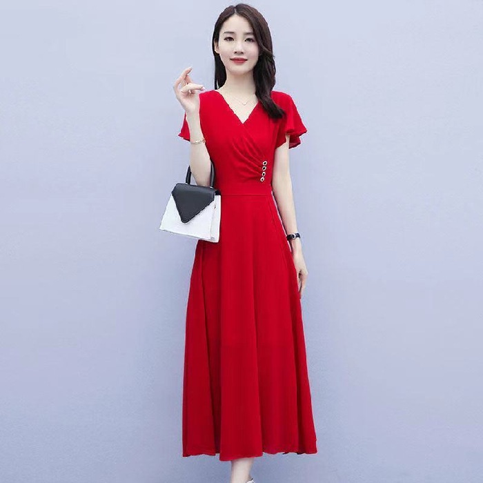 Đầm Dài Đến Giữa Eo Cổ Chữ V Màu Trơn In Họa Tiết Thời Trang Cho Nữ
