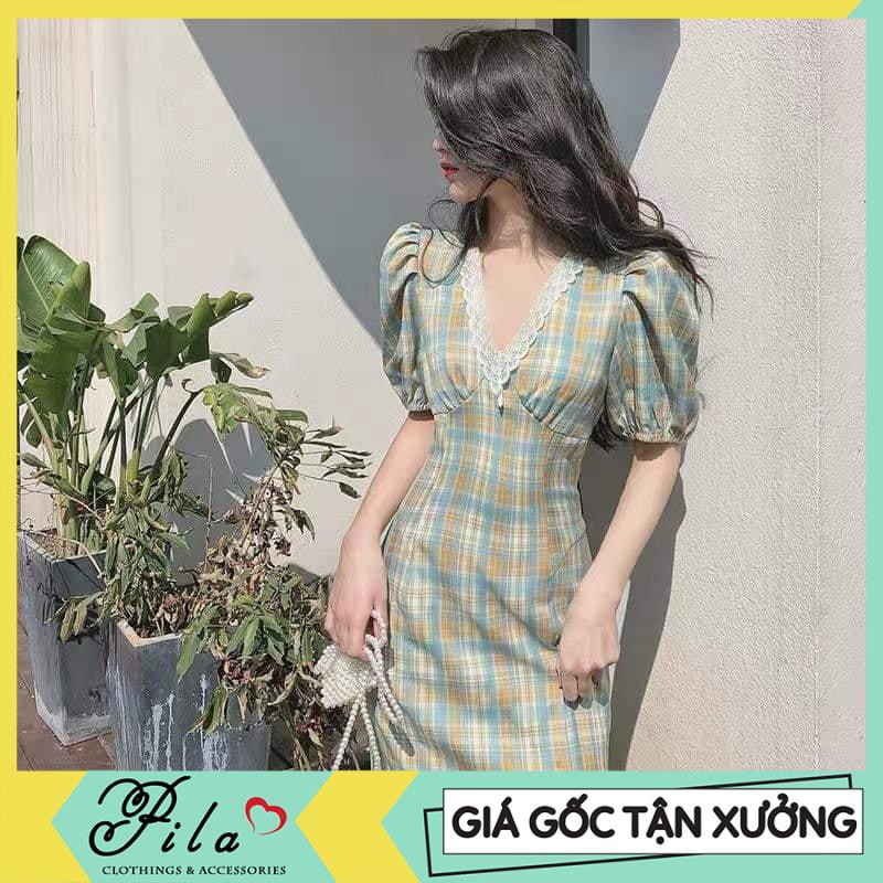 [Giá gốc tận xưởng] ĐẦM NỮ CARO CỔ LÁ SEN THỜI TRANG