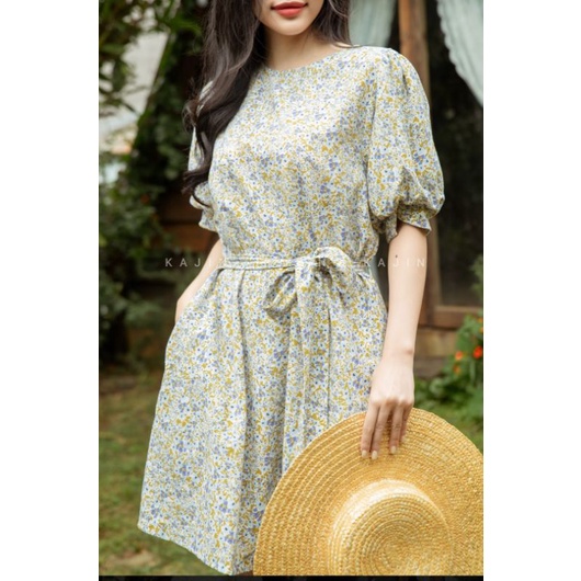 Đầm cotton tay phồng, form A, dây buộc eo