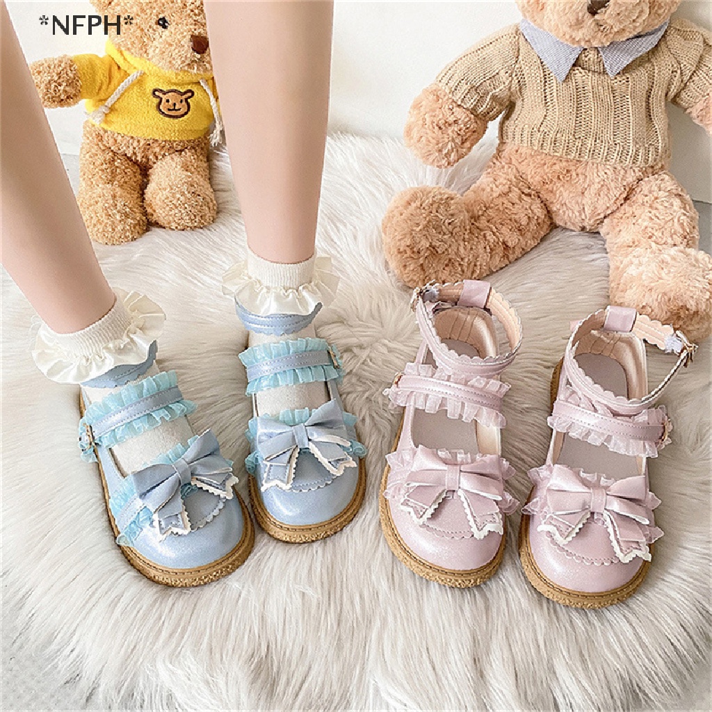 Nnfph Giày Mary Janes Đế Xuồng Quai Ngang Mắt Cá Chân Phối Ren Và Nơ Đáng Yêu Phong Cách Lolita