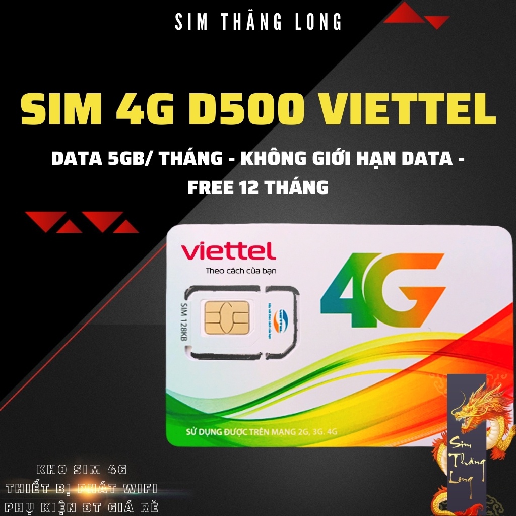 Sim 4G Viettel D500 Trọn Gói 1 Năm 60Gb (5Gb/Tháng) Data Không Giới Hạn -Sim vào mạng 1 năm không nạp tiền