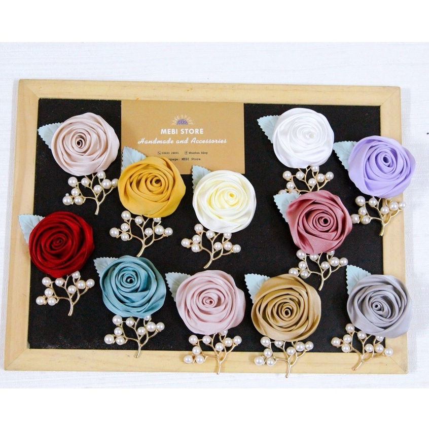 (Ảnh thật)Hoa cài áo handmade nam nữ hồng cuộn mix cành kim loại 1 lá dạ ép phù hợp cài vest, váy áo siêu xinh (NOBOX)