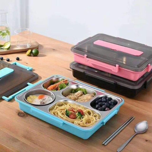 Hộp Cơm Văn Phòng Khay Inox 5 Ngăn Có Bát Để Canh Bọc Nhựa Bên Ngoài - Có Giá Điện Thoại Tặng Thìa Đũa Inox Cao Cấp | BigBuy360 - bigbuy360.vn