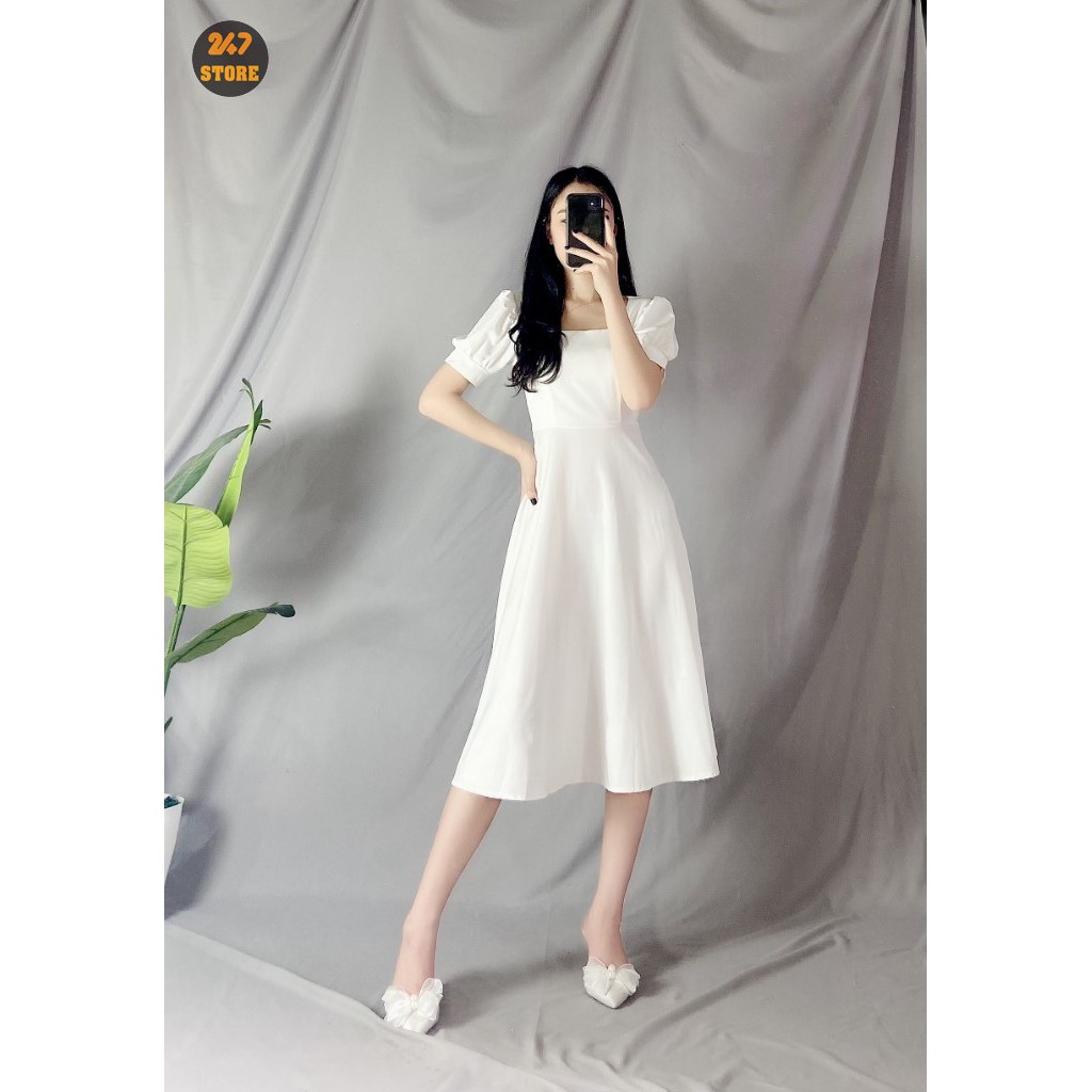 Váy Cổ Vuông Dáng Xòe Tay Bồng Cộc Tay 2 màu cực xinh 247store