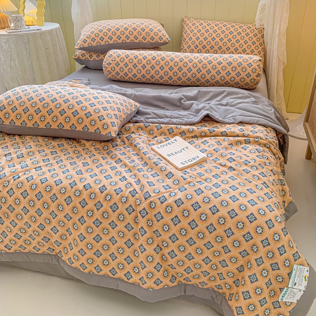 Set 5 món chăn ga gối Cotton Đũi, Bộ chăn gối mền họa tiết Hàn Quốc nhập khẩu mềm mịn