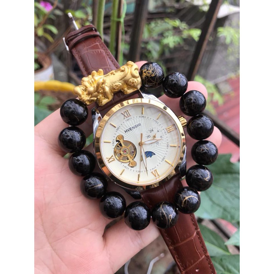 ĐỒNG HỒ CƠ TỰ ĐỘNG NAM AUTOMATIC CHÍNH HÃNG HVENSHI DÂY DA CAO CẤP TẶNG KÈM VÒNG ĐEO TAY TỲ HƯU ĐẸP GIÁ RẺ