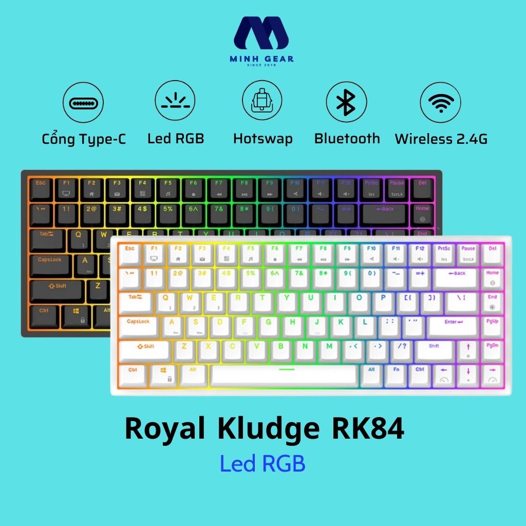 Bàn phím cơ máy tính Royal Kludge RK84 Hotswap Led RGB, Type C, Bluetooth 5.0, Wireless 2.4G