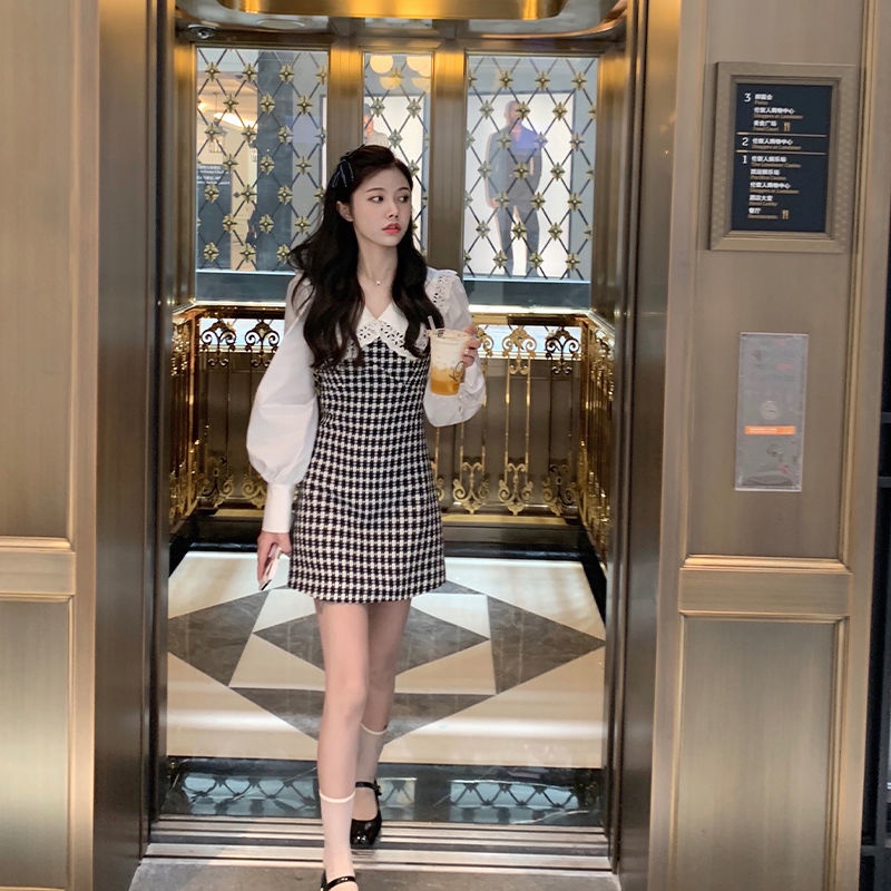 Đầm tay phồng dài cổ búp bê sọc ca rô đen trắng thời trang Pháp thanh lịch cho nữ