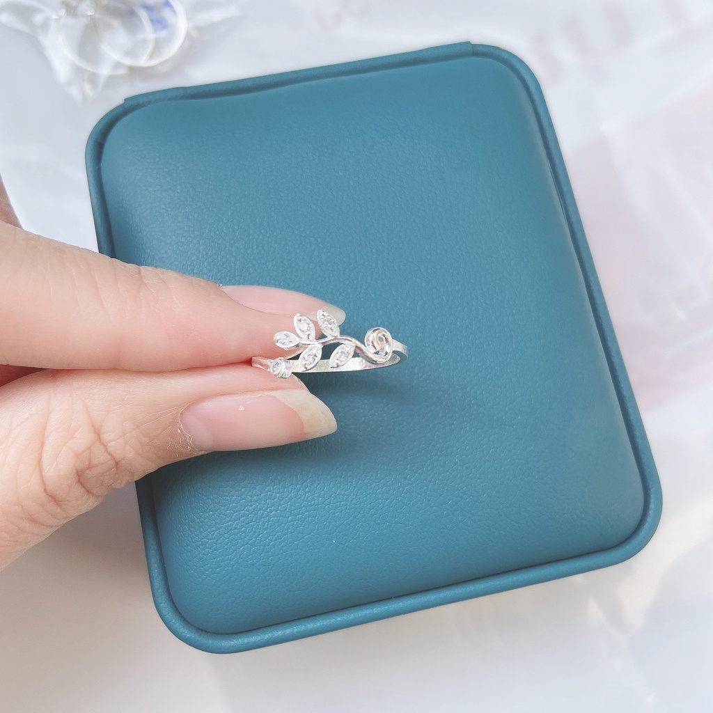 Nhẫn bạc nữ kiểu hở hình chiếc lá đính đá thời trang, nhẫn free size chất liệu bạc ta sang trọng