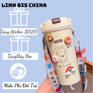 Bình giữ nhiệt, bình đựng nước cute, có ống hút, kèm ống hút, dây đeo