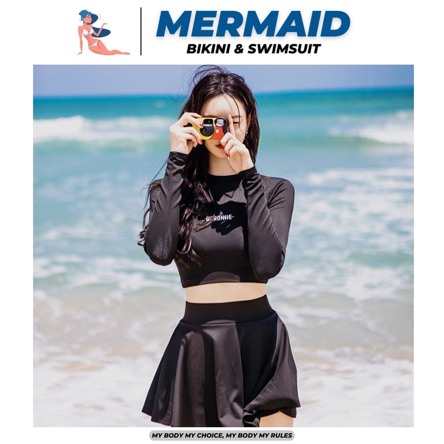 Bikini hai mảnh Usronnie năng động tay dài chân váy màu đen - M099 - Mermaid