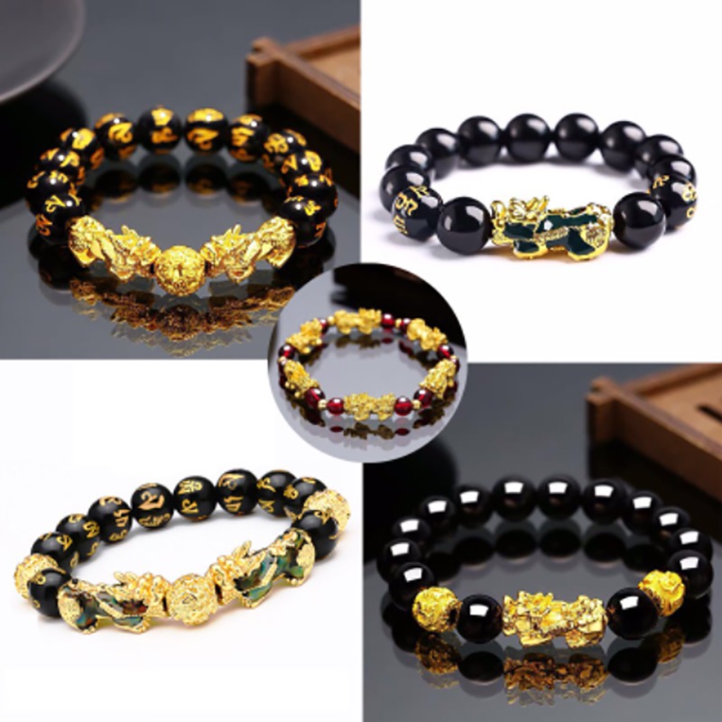 Vòng Tay Chuỗi Hạt Đá Obsidian Màu Vàng Đen Pixiu May Mắn Cho Nam Và Nữ