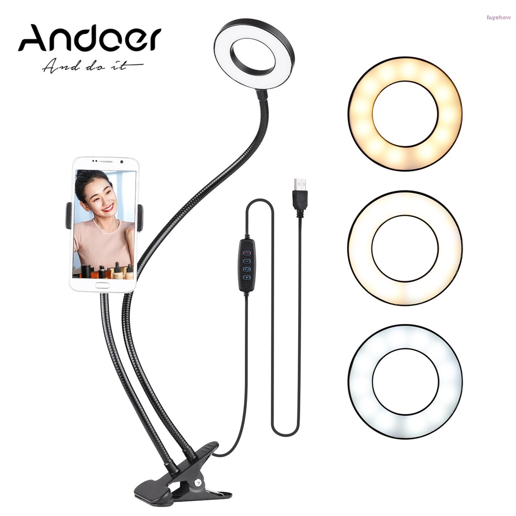 Vòng Đèn Led Andoer 3.5 Inch Hai Trong Một Có Giá Đỡ Điện Thoại Và Chân Đế Kim Loại Linh Hoạt Hỗ Trợ Trang Điểm / Phát Trực Tiếp