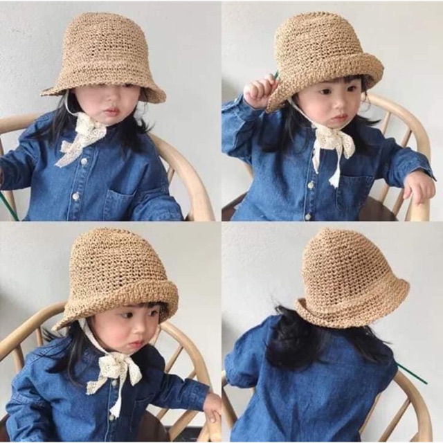 Mũ (nón) cói cho bé buộc dây style Hàn Quốc