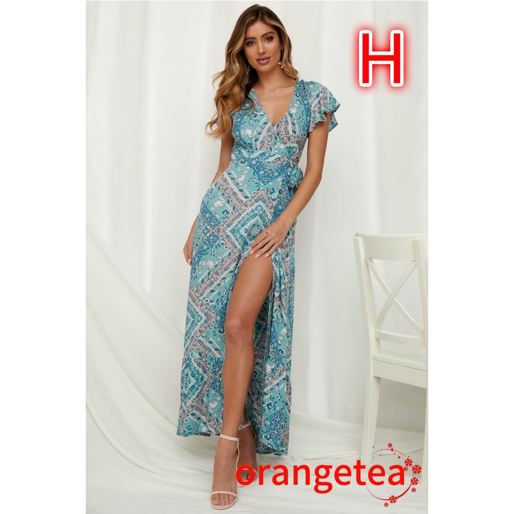 Đầm đi biển cổ chữ V in hoa thời trang