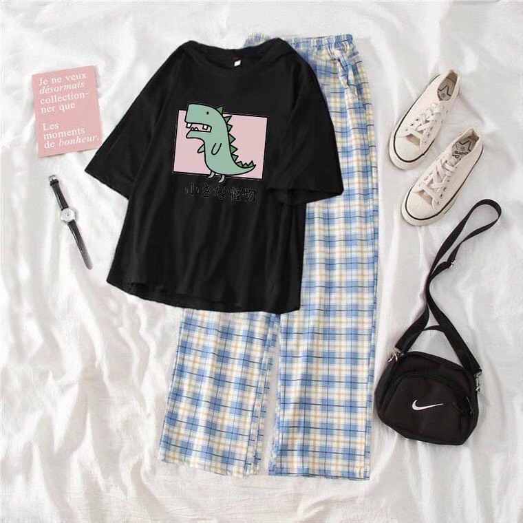 Sét Áo Khủng long ô vuông + quần kẻ xanh, Áo thun from rộng, Chất đẹp không xù, quần ống rộng, Sét bộ mặc ở nhà - MODY