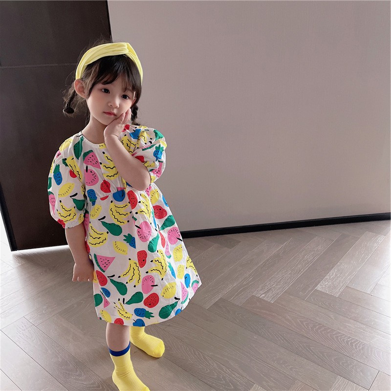 Đầm tay ngắn họa tiết trái cây nhiều màu sắc thời trang dễ thương cho bé gái