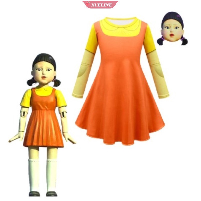 Set đầm áo màu trơn kèm mặt nạ cosplay robot bé gái Squid Game rùng rợn Hàn Quốc 2021 cho trẻ em dịp Halloween