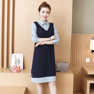 Váy bầu xanh than phối kẻ xanh