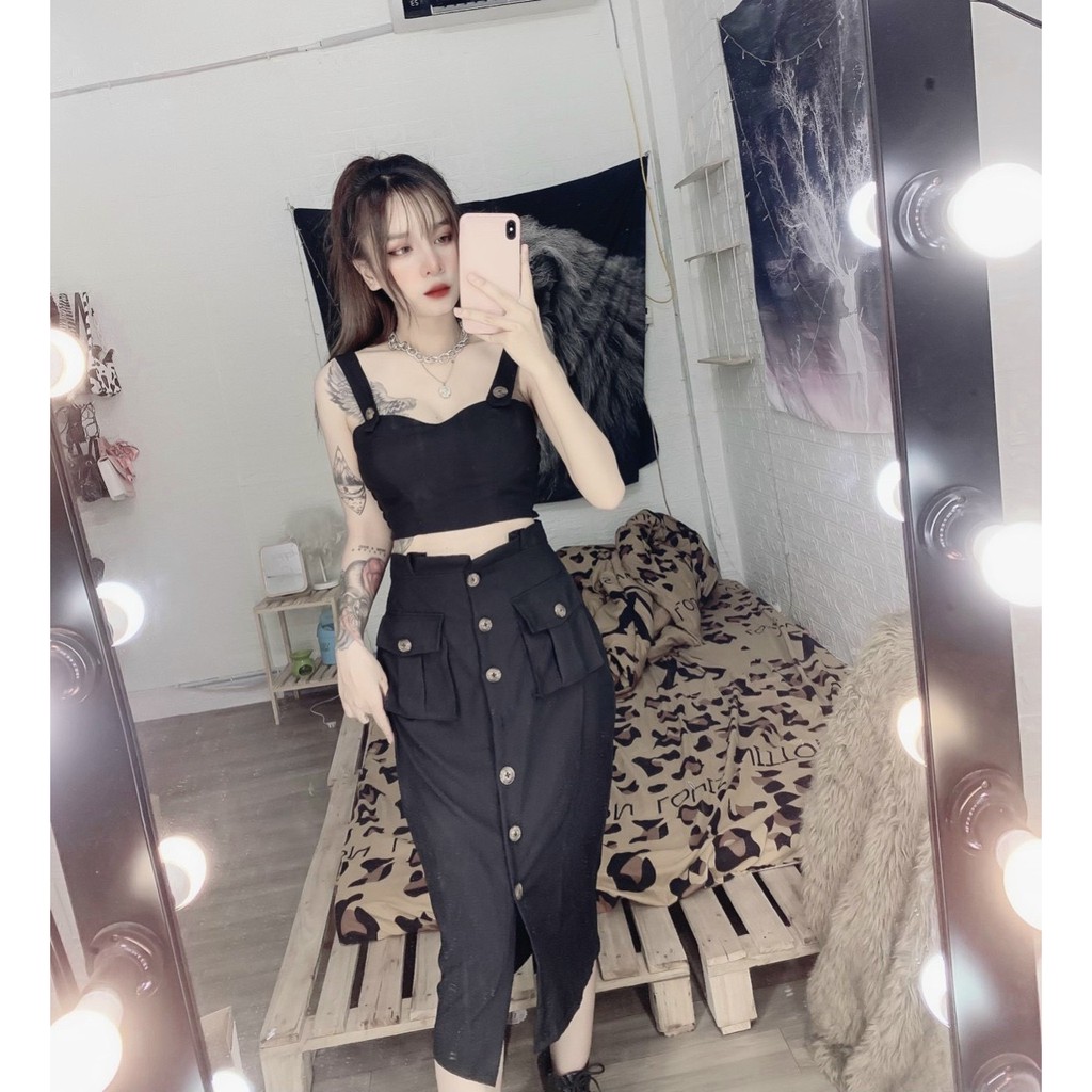 Sét bộ áo hai dây cài nút body croptop phối chân váy cài hàng nút trước cực xinh , chất thun bozip mềm mịn ( ảnh thật )