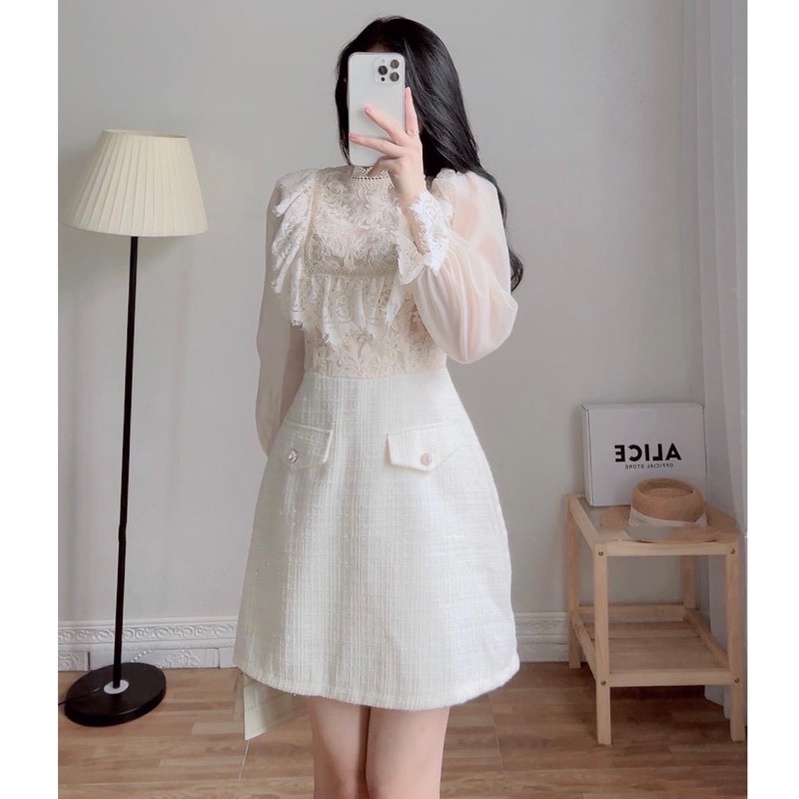 Váy dạ tweed phối ren dáng A, đầm dạ dài tay tiểu thư