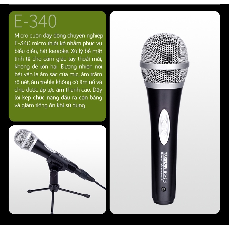 Mic Hát Karaoke Có Dây Takstar E-340 Cao Cấp,Lọc Ồn, Chống Nhiễu, Độ Nhạy Cao, Nhỏ Gọn, Chính Hãng Giá Rẻ Bảo Hành 1 Năm