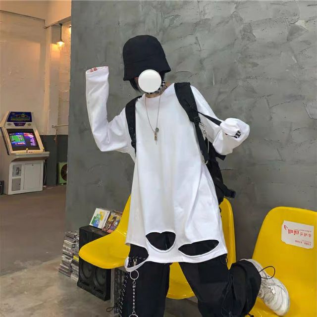 (Có sẵn) Áo thun dài tay 100% cotton unisex rách gấu layer hip hop | BigBuy360 - bigbuy360.vn