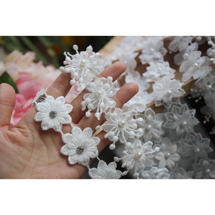 Phụ kiện may mặc hình hoa ren hai lớp 3D vải organza polyester hòa tan trong nước