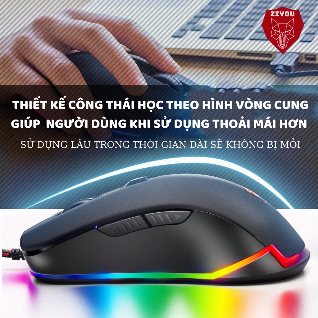 Chuột máy tính gaming ZIYOU V6 có dây, có led viền RGB cực đẹp, chỉnh được dpi chơi mọi tựa game trên máy tính, pc