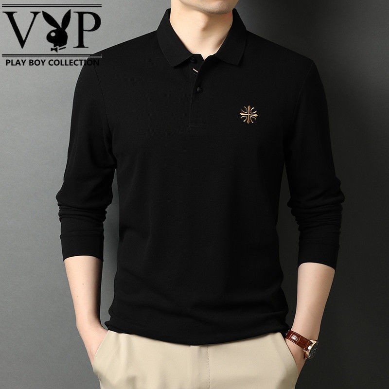 Playboy Áo polo Tay Dài Dáng Rộng Màu Trơn Thêu Họa Tiết Thời Trang Xuân Thu Cho Nam