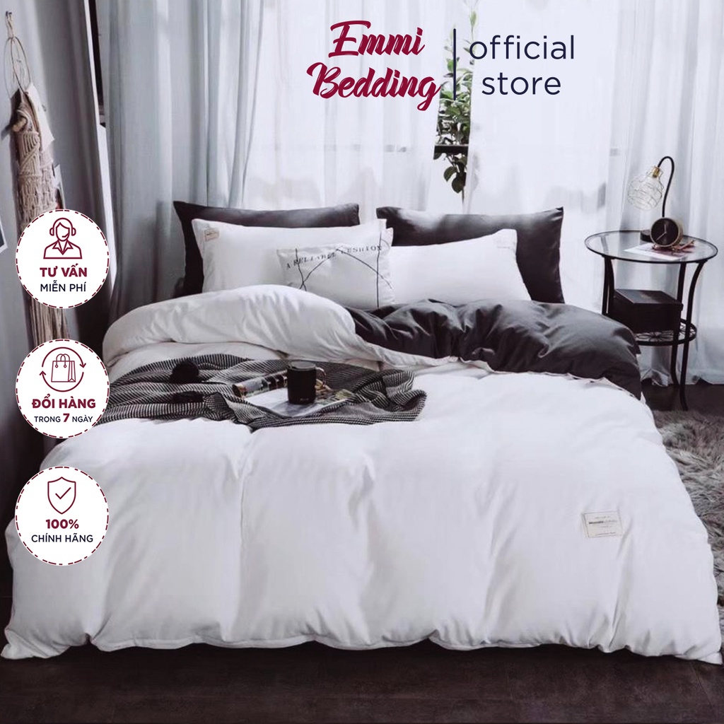 Bộ chan ga goi Emmibedding store mẫu trắng mix ghi