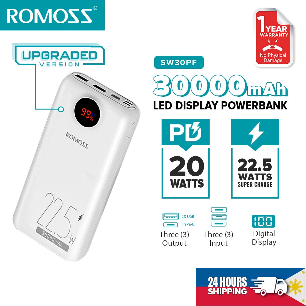 Sạc dự phòng ROMOSS 30000mAh 22.5W 22.5w sạc nhanh hai chiều màn hình kỹ thuật số thông minh dung lượng lớn