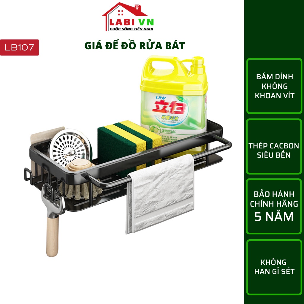 Kệ để đồ nhà bếp LABIVN LB107 đựng dụng cụ rửa chén bát - Thiết kế nguyên khối, có móc treo khăn, thép Cacbon, không gỉ