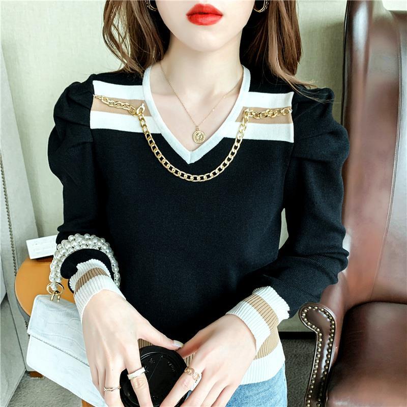 Áo dệt kim tay phồng cổ chữ V màu sắc tương phản thời trang mùa thu cho nữ 2021