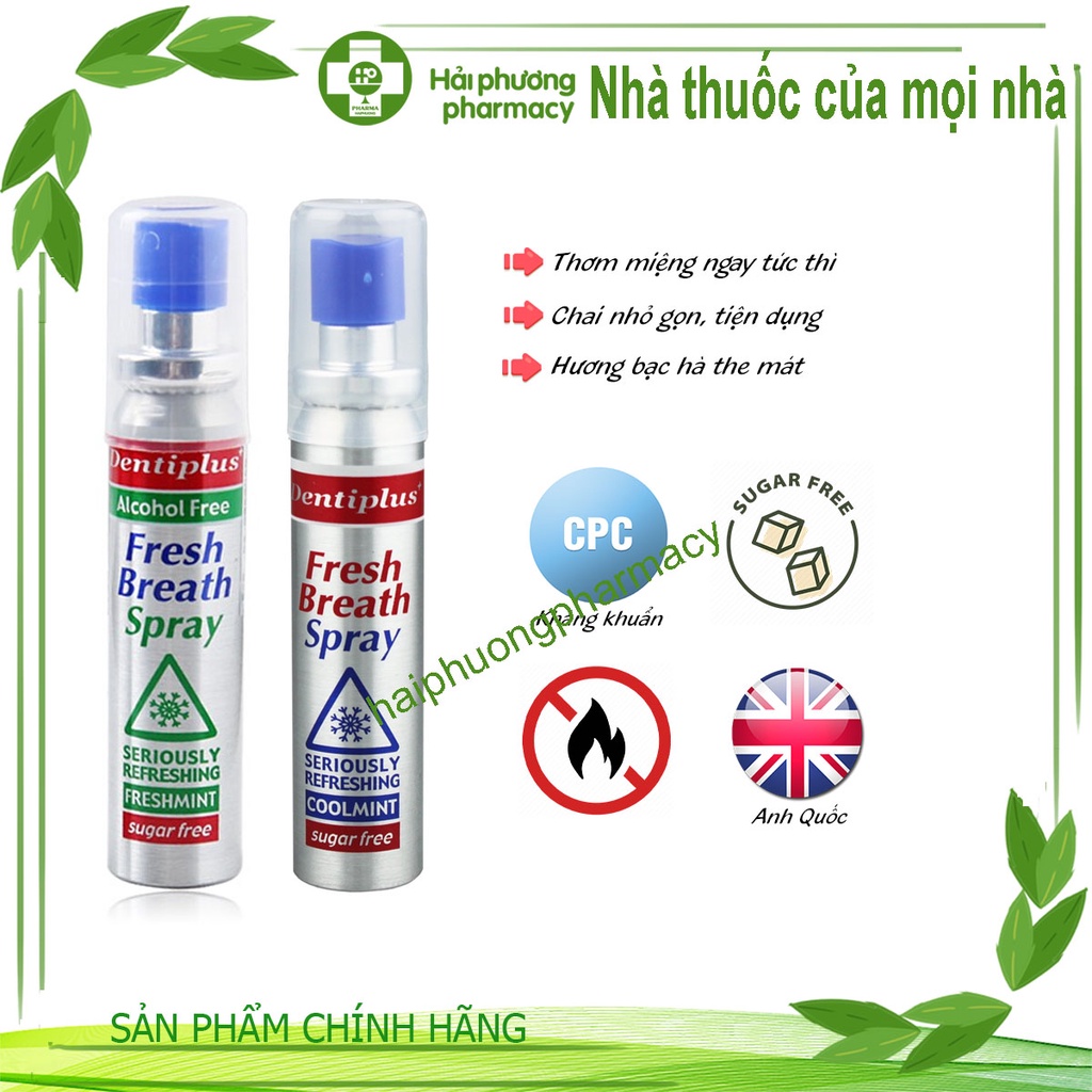 Chai xịt thơm miệng hương bạc hà Dentiplus 25ml, diệt khuẩn, đem lại hơi thở tinh khiết, chống hôi miệng sau khi ăn