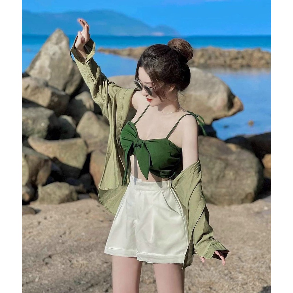 [HCM] Sét 3 Món Áo Trong Cột Nơ Phối Áo Khoác Tơ Xước (Có Mút Ngực ) Thời Trang Nữ Sam Closet Free Size 40-55kg