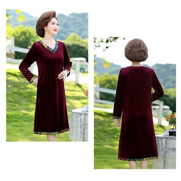 Aimeisi Đầm Nhung Dài Tay Thời Trang Xuân Thu Cho Phụ Nữ Trung Niên