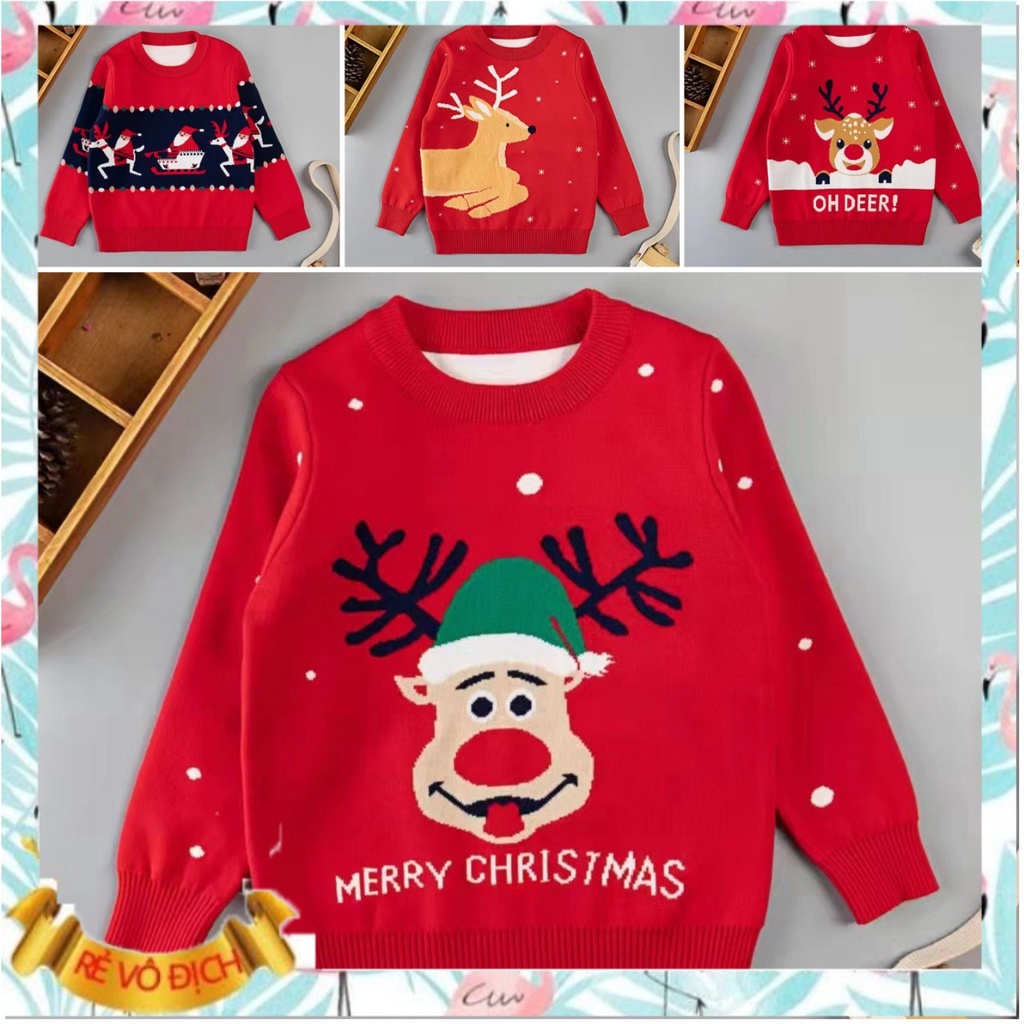 Áo len tuần lộc 2 lớp màu đỏ bé trai và bé gái, Áo len Noel em bé 2-7 tuổi hình ngộ nghĩnh đanh sợi không bai xù