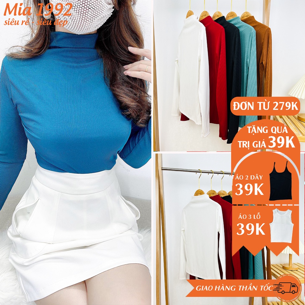 Áo thun nữ tay dài MIA 1992 - áo thun tay dài cổ lọ tăm nhung cáo cấp xịn xò form ôm basic tặng kèm tag
