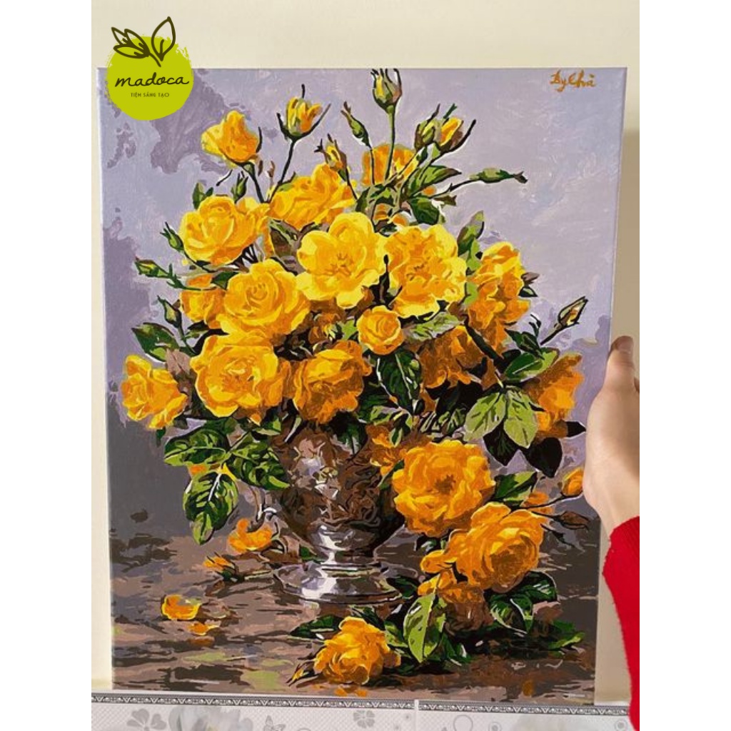 Tranh tô màu số hóa Madoca có khung 40x50cm hoa hồng vàng T994