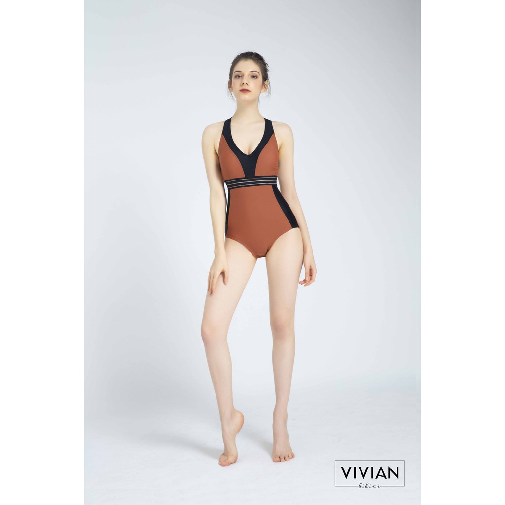 [Mã BMBAU50 giảm 50K đơn 150K] Đồ bơi Nữ VIVIAN kiểu Một mảnh cổ V phối màu cách điệu- màu Da Bò - VS128_BO