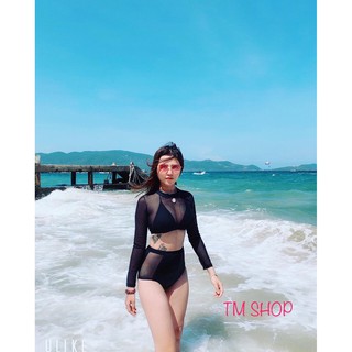 Bikini, Đồ Bơi Đi Biển Hai Mảnh Tay Dài Đen Lưới KG15