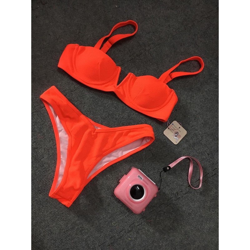 [BKN528] <ÂU> SET BIKINI VẢI GÂN CỔ V HỒNG/XANH NEON/CAM (CÓ GỌNG) | BigBuy360 - bigbuy360.vn
