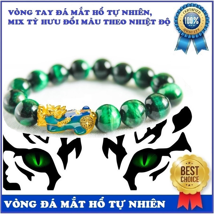 Vòng tay đá tự nhiên màu xanh mix Tỳ Hưu đổi màu theo nhiệt độ cơ thể, vòng phong thủy tốt cho sức khỏe, may mắn tài lộc