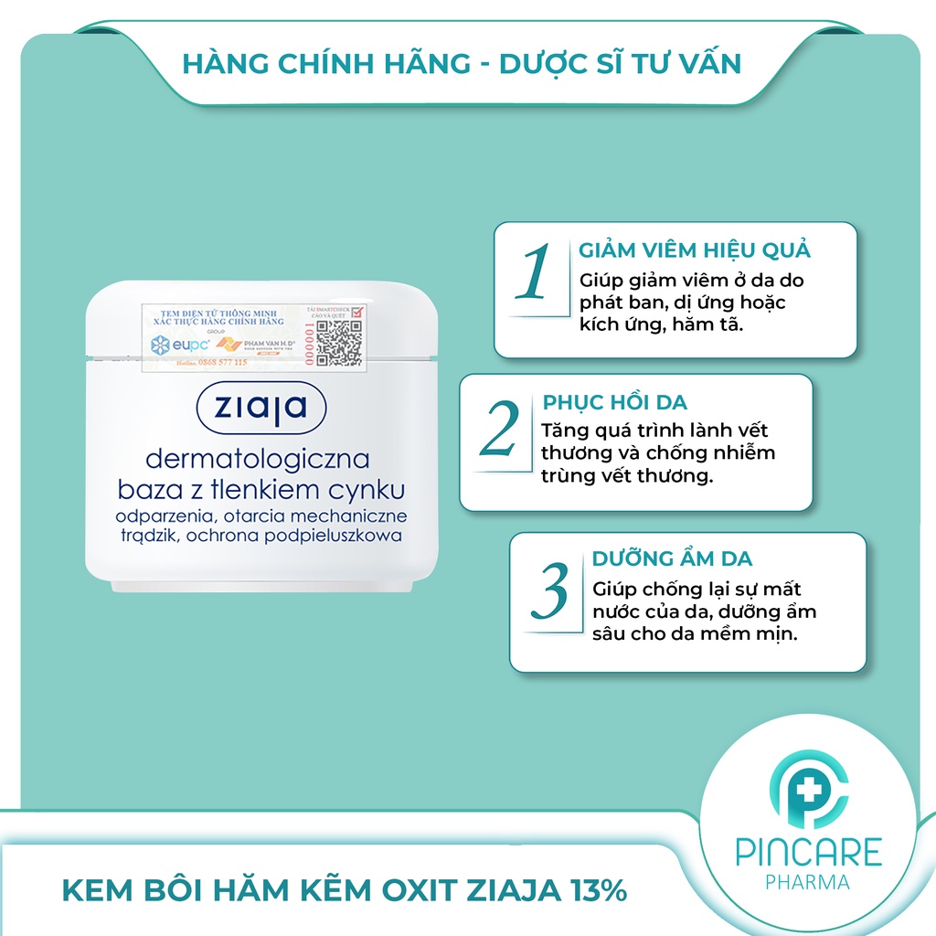 Kem kẽm oxit Ziaja 13% - Ziaja Dermatological Base with Zinc Oxide 80g - Hàng chính hãng - Nhà Thuốc PinCare