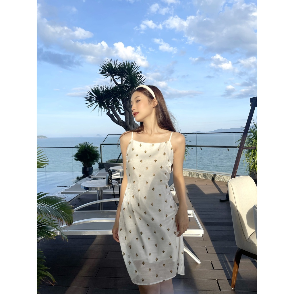 YU CHERRY | Đầm hai dây họa tiết xương rồng, có dây cột điều chỉnh cột nơ, Catus Cami Dress YD158
