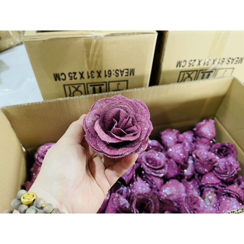 (50 bông) Hộp 50 bông hồng nhũ kim tuyến,đầu bông hồng nhũ