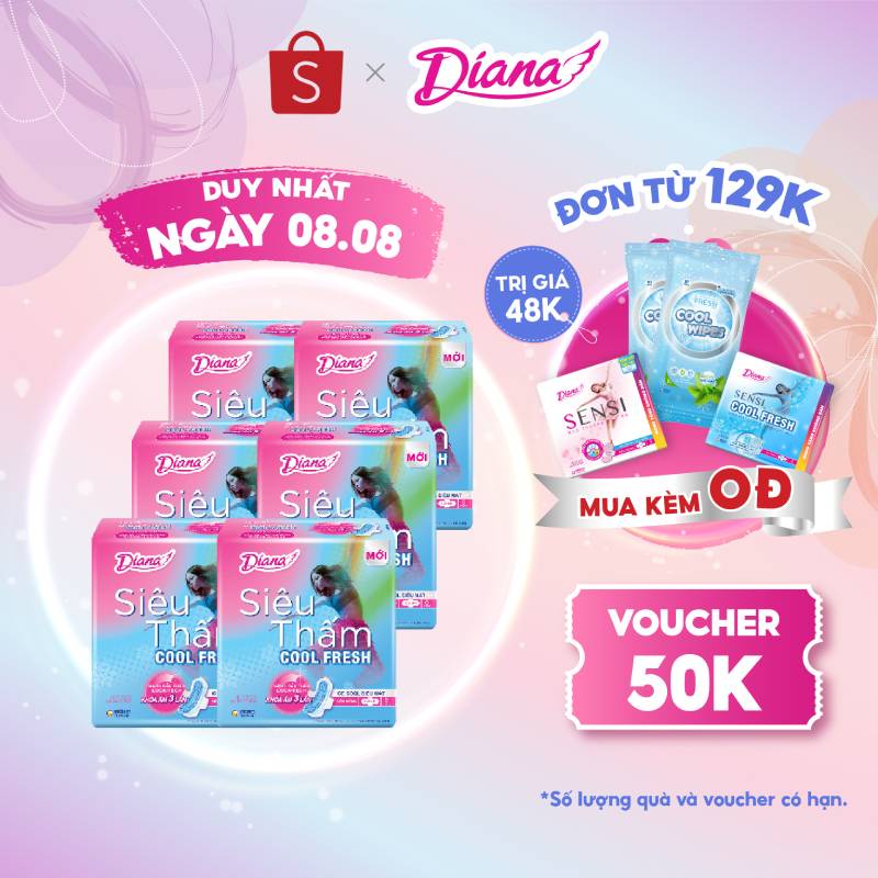 Bộ 6 gói Băng Vệ Sinh Diana siêu thấm COOL FRESH cánh 8M