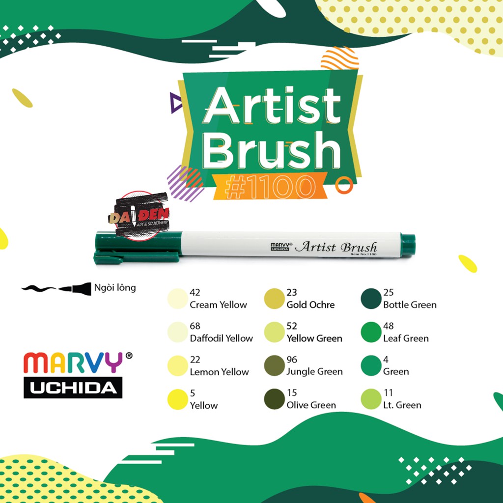 [DA ĐEN] Bút Marvy Artist Brush 1100 Bảng Xanh Lá