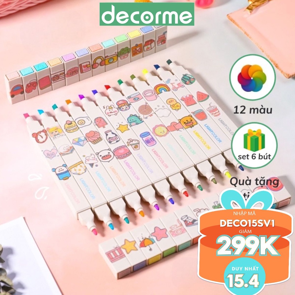 Bút highlight pastel 2 đầu DecorMe, bút đánh dấu bút nhớ Light Color trang trí sổ bullet journal ( Lẻ 1 bút)